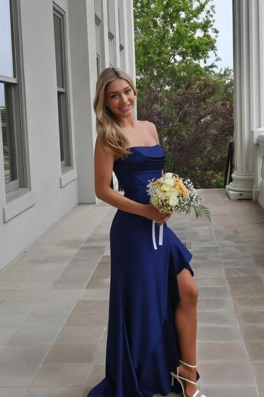 Strapless Royal Blue Prom Dresses Ruffled Evening Gown with Slit