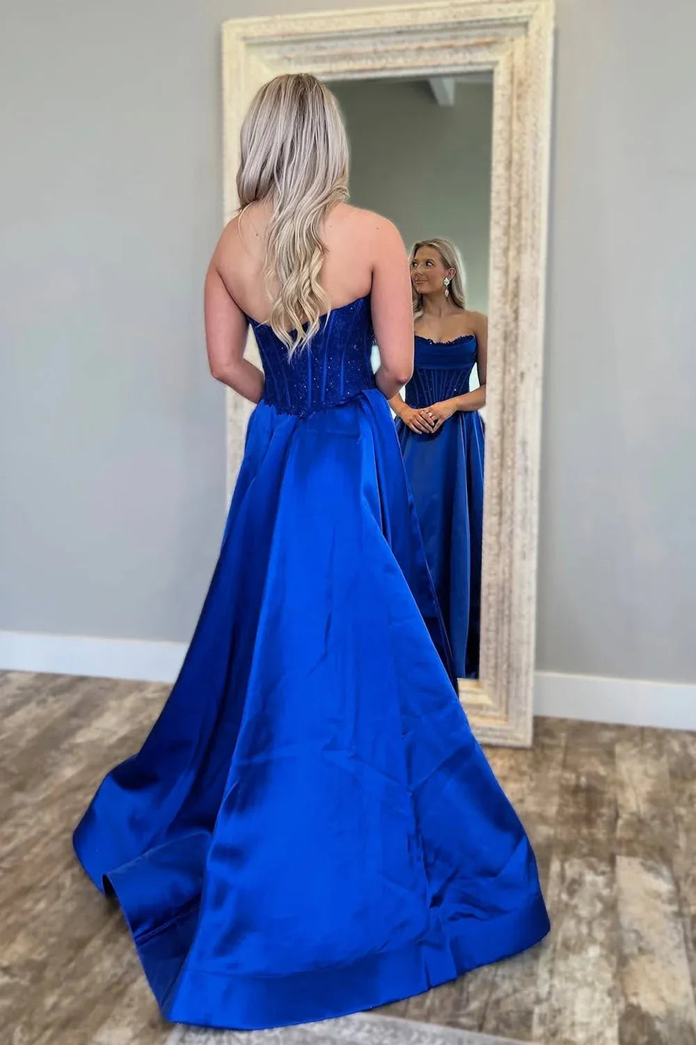 Strapless Royal Blue Prom Dresses Satin A-Line Long Evening Gown