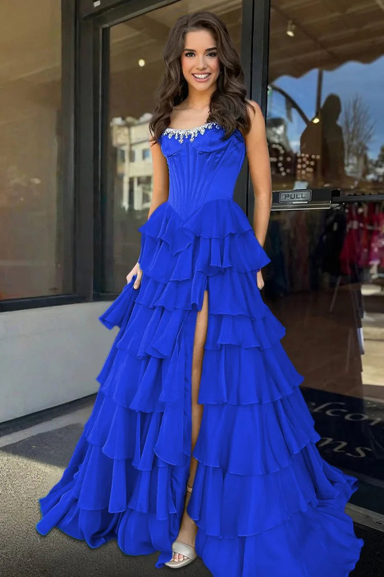 Strapless Royal Blue Ruffled Prom Dresses A Line Chiffon Beading