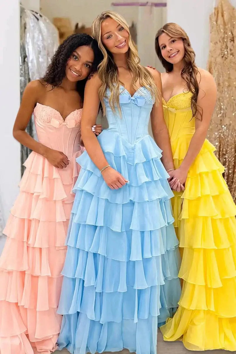 Strapless Ruffled Prom Dresses Chiffon A Line With Bow