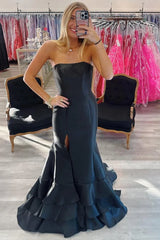 Pink Strapless Satin Mermaid Formal Dress Ruffles for Party