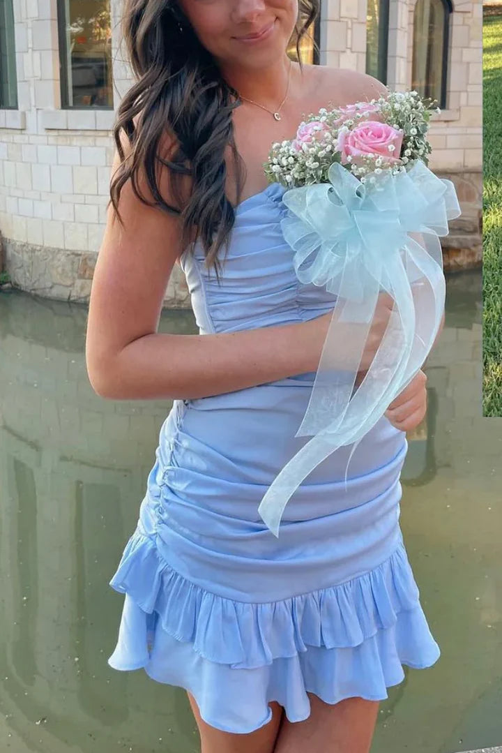 Strapless Satin Mini Homecoming Dress with Ruffles