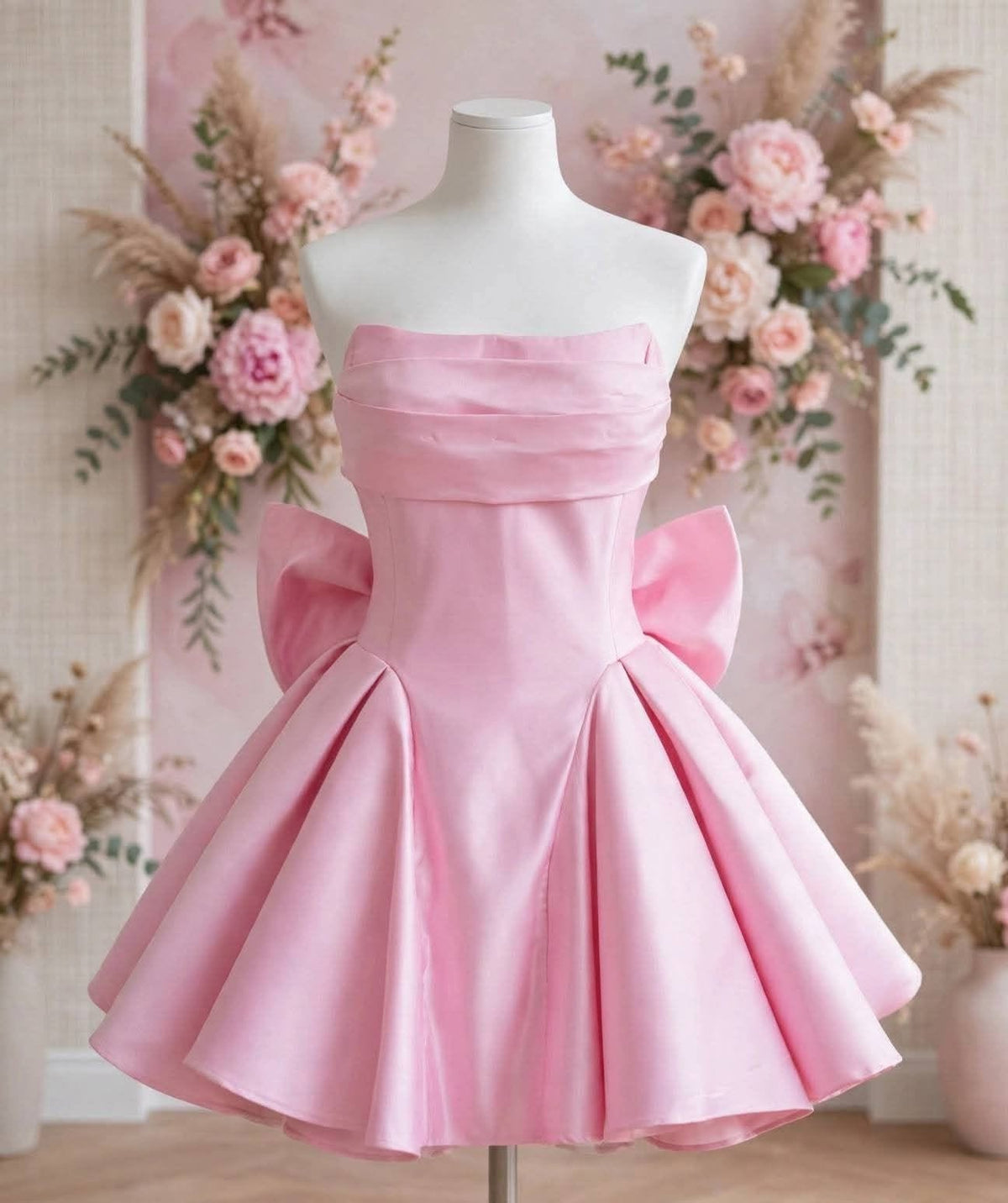 A Line Strapless Satin Pink Homecoming Dresses with Bow