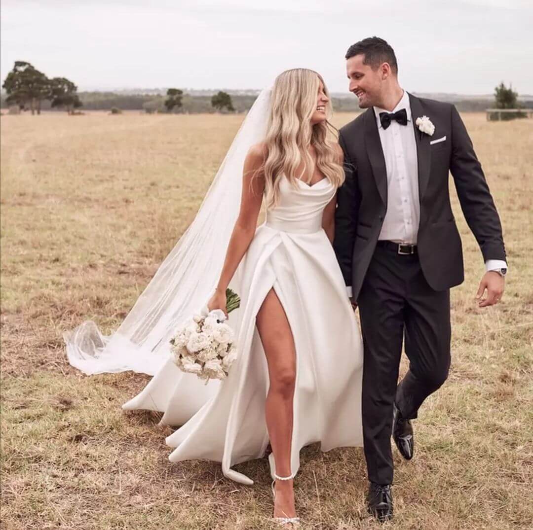 A-Line White Sleeveless Satin Wedding Gown With Side Slit