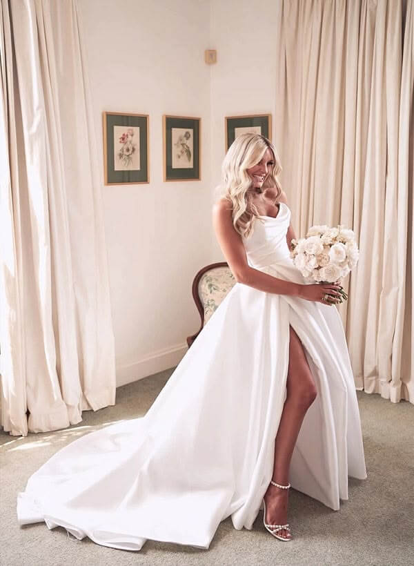 A-Line White Satin Wedding Gown Sleeveless With Side Slit