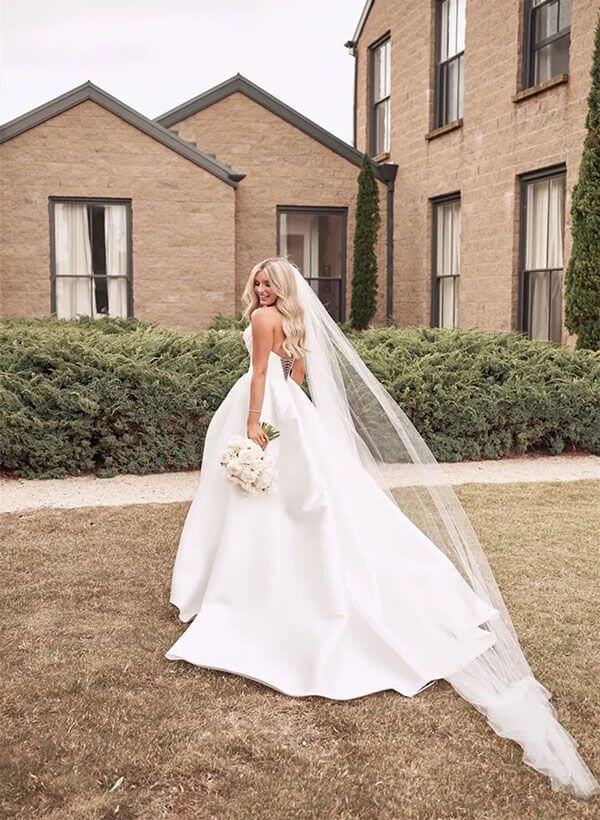 A-Line White Satin Wedding Gown Sleeveless With Side Slit