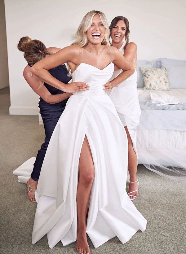 A-Line White Satin Wedding Gown Sleeveless With Side Slit