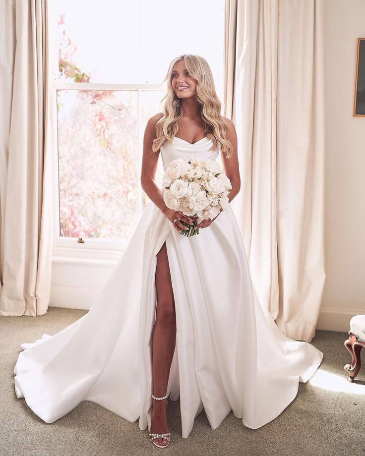 A-Line White Sleeveless Satin Basque Waist Wedding Gown With high Slit