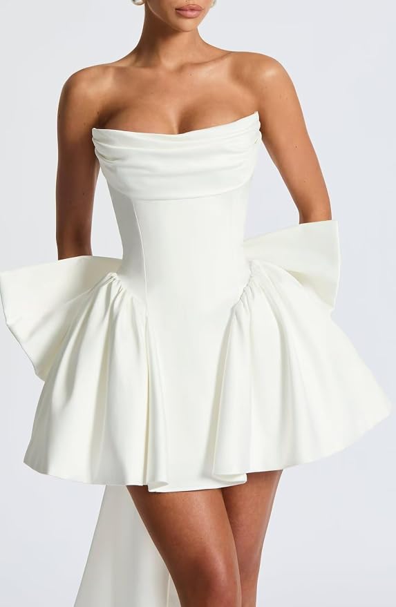 A Line Strapless Satin Pink Homecoming Dresses with Bow