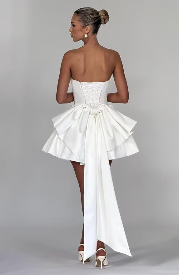 A Line Strapless Satin Pink Homecoming Dresses with Bow