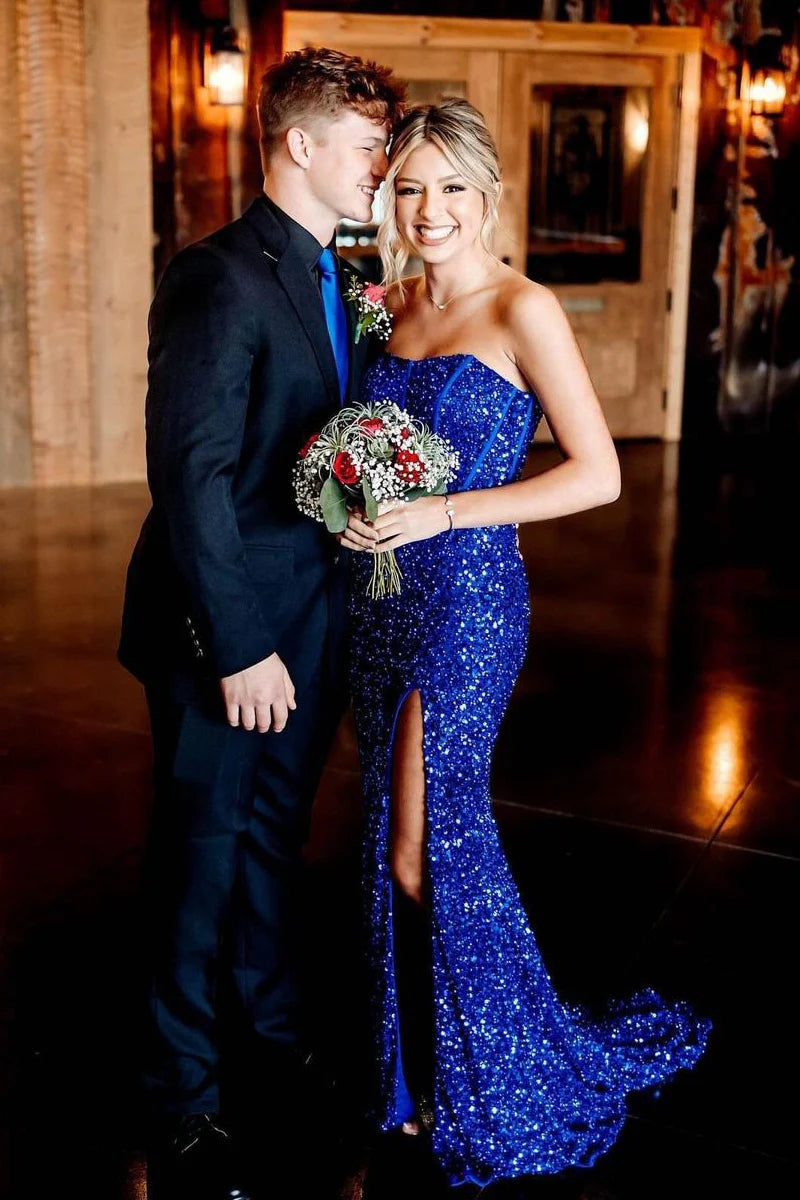 Strapless Sequins Royal Blue Prom Dress Mermaid Long Formal Gown