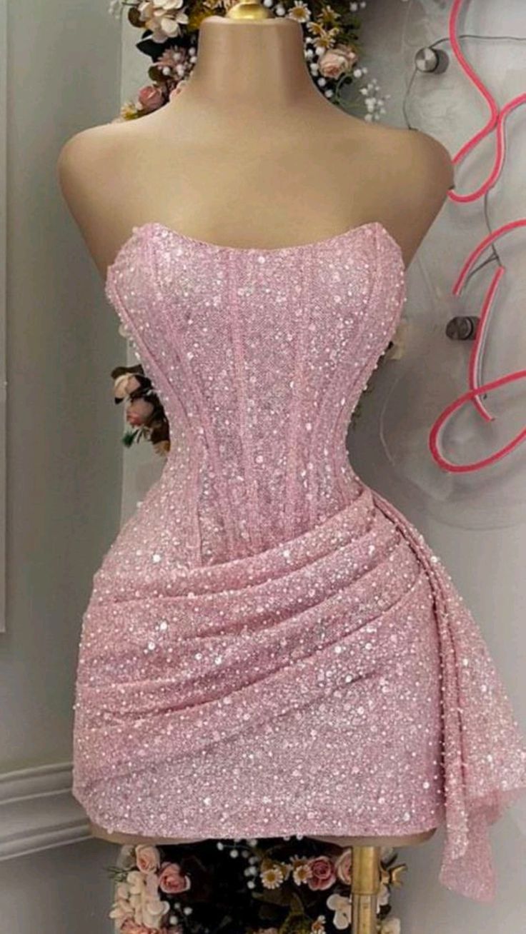 Strapless Shiny Pink Sequin Homecoming Dress Corset Mychicdress