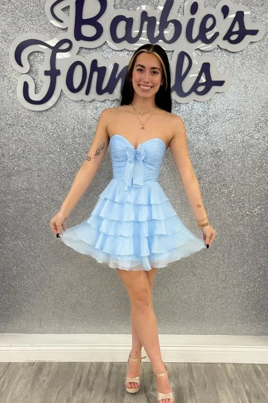 Strapless Green Short Hoco Dress Bow Ruffle Chiffon Cocktail Dress