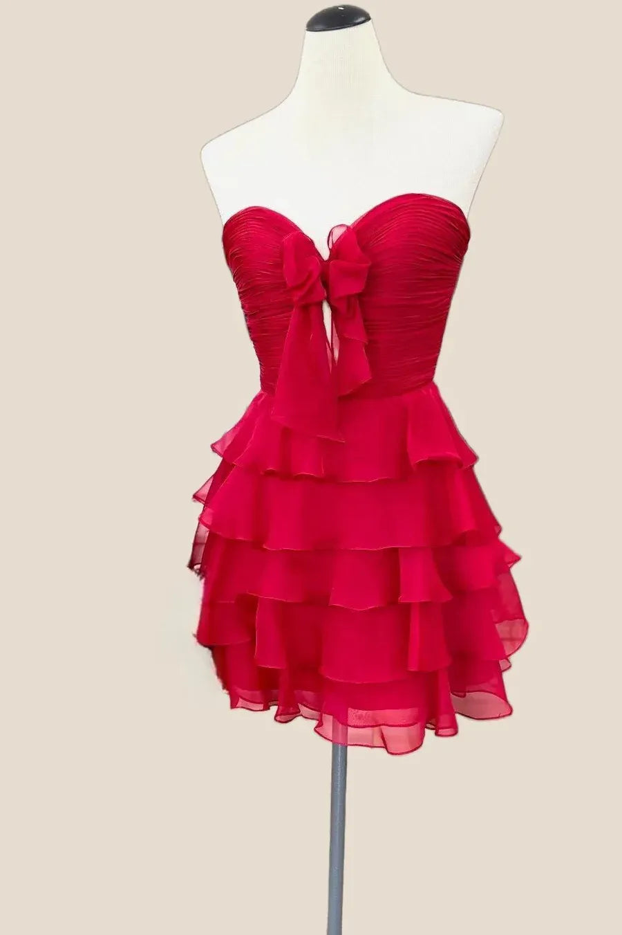 Strapless Green Short Hoco Dress Bow Ruffle Chiffon Cocktail Dress