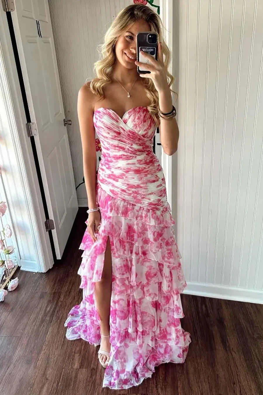 Strapless Tiered Printed Prom Dress pink Mermaid Chiffon Sweetheart Mychicdress