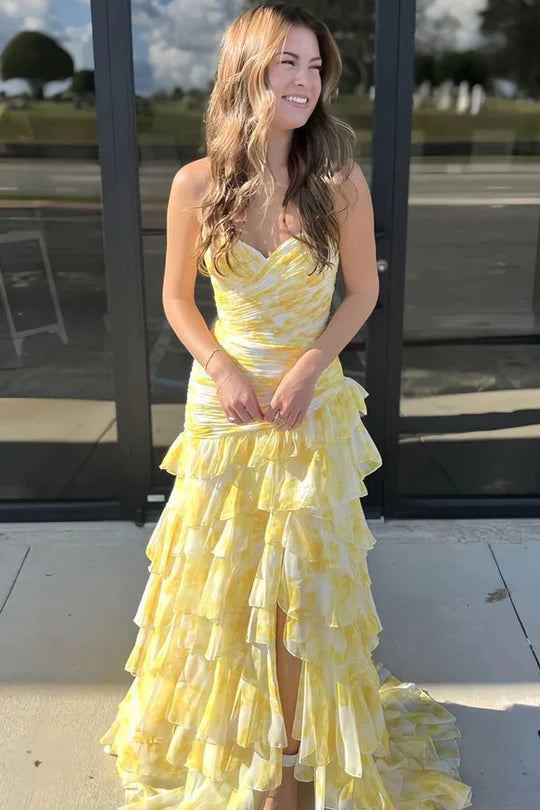 Strapless Tiered Printed Prom Dress Yellow Mermaid Chiffon Sweetheart Mychicdress