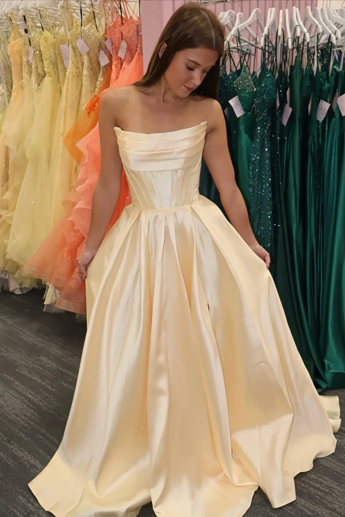 Purple Strapless Satin Prom Dress Sleeveless A-Line Side Split