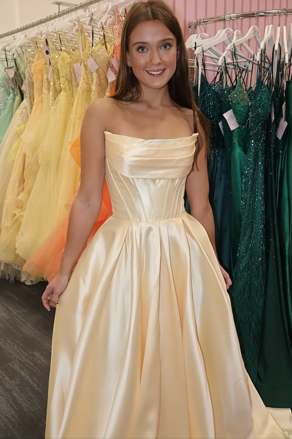 Purple Strapless Satin Prom Dress Sleeveless A-Line Side Split