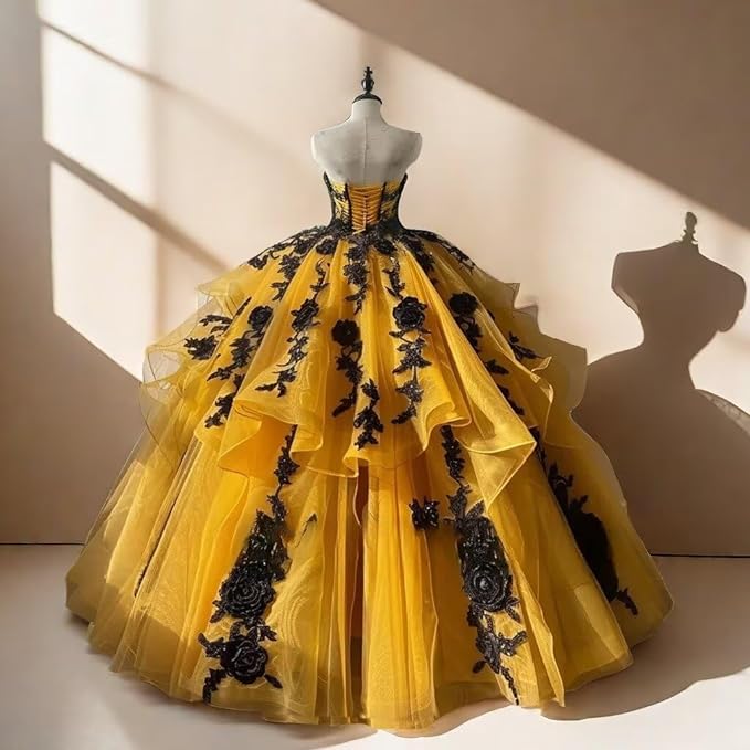 Strapless Yellow Gothic Quinceanera Dresses with Black Floral Lace