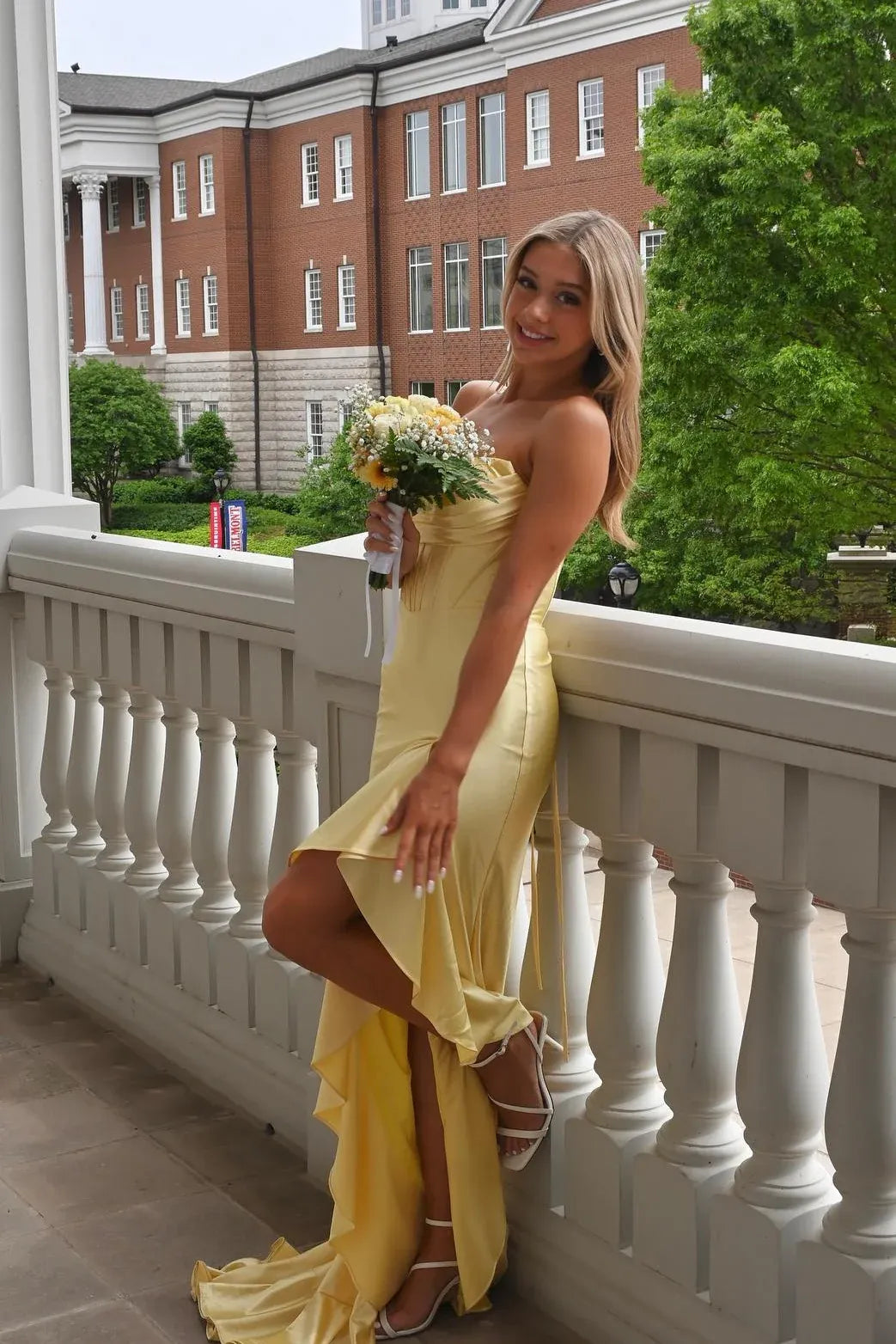 Strapless Royal Blue Prom Dresses Ruffled Evening Gown with Slit