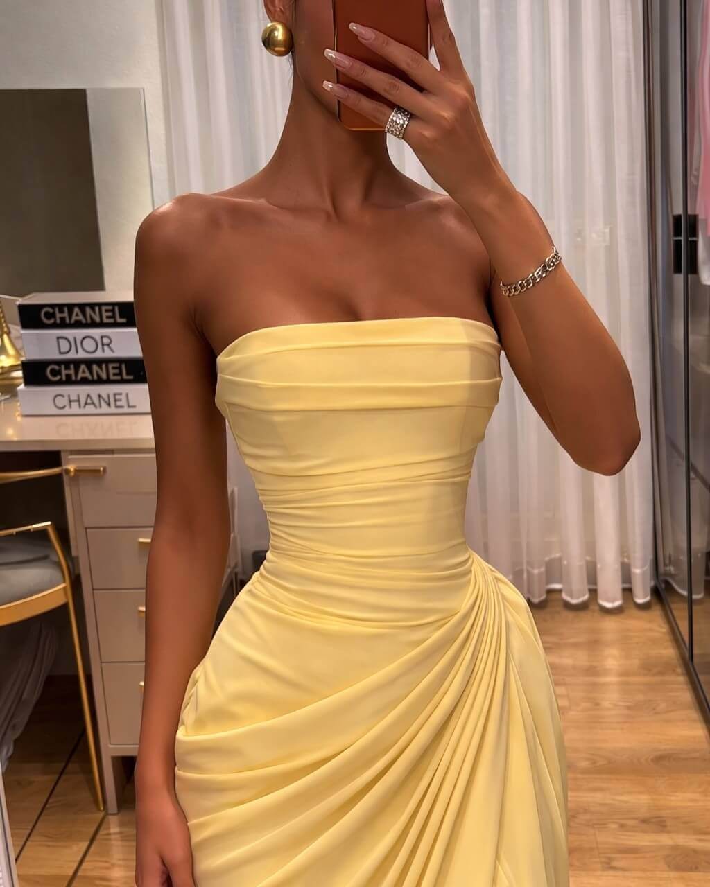 yellow strapless evening dress