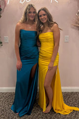 Satin Mermaid Ruched Pleated Red Senior Prom Dress With Slit Strapless