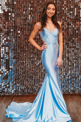 Straps blue Long Senior Prom Dress UK Mermaid Backless Mychicdress