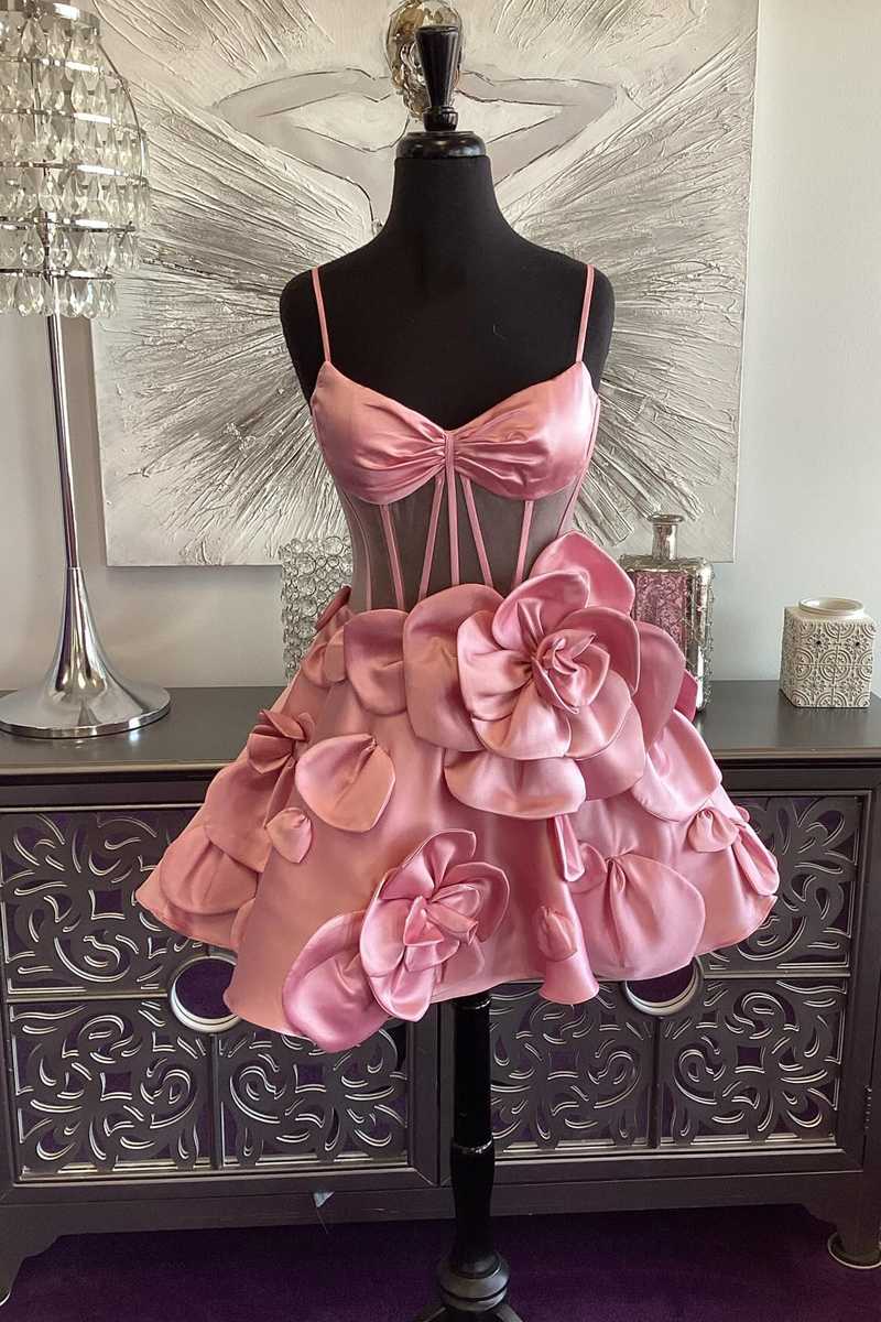 Straps Corset pink Homecoming Dress Short with Rosette Mychicdress