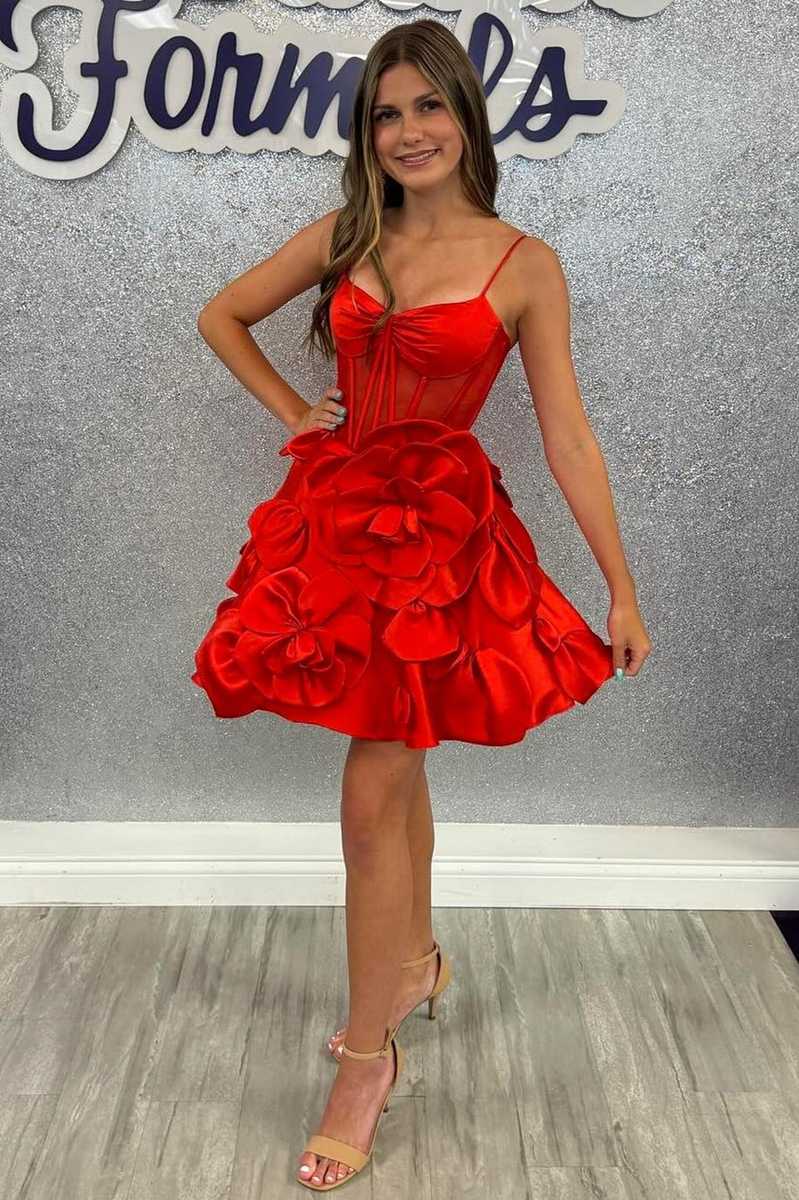 Straps Corset red Homecoming Dress Short with Rosette Mychicdress