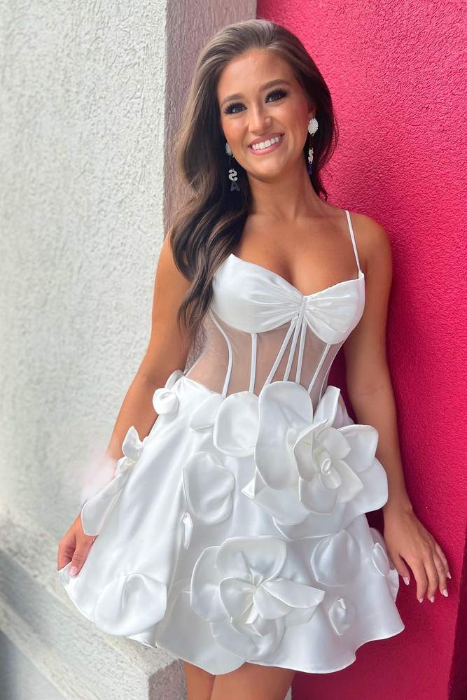 Straps Corset white Homecoming Dress Short with Rosette Mychicdress