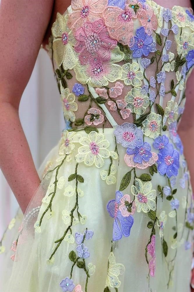 Straps Yellow Embroidery Floral Prom Dress Applique Tulle