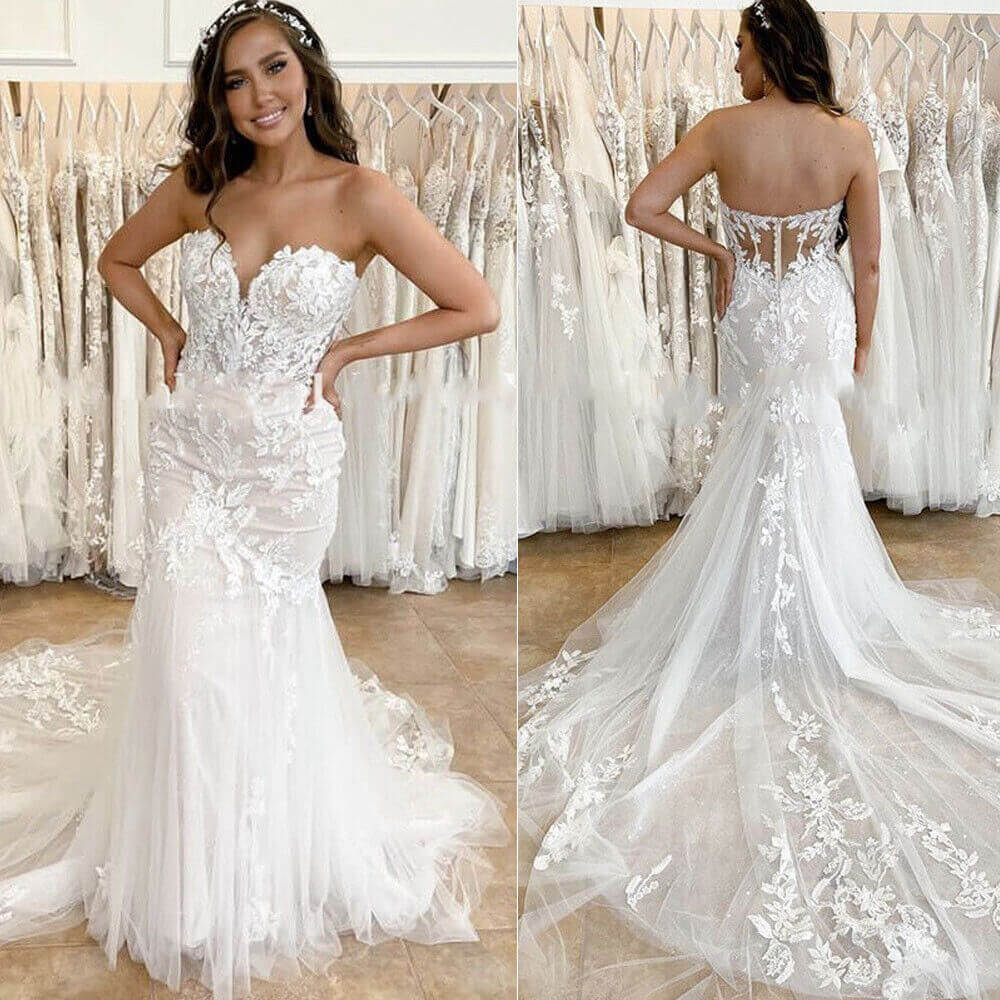 Summer Mermaid Beach Wedding Dresses V-Neck Lace Appliques Backless