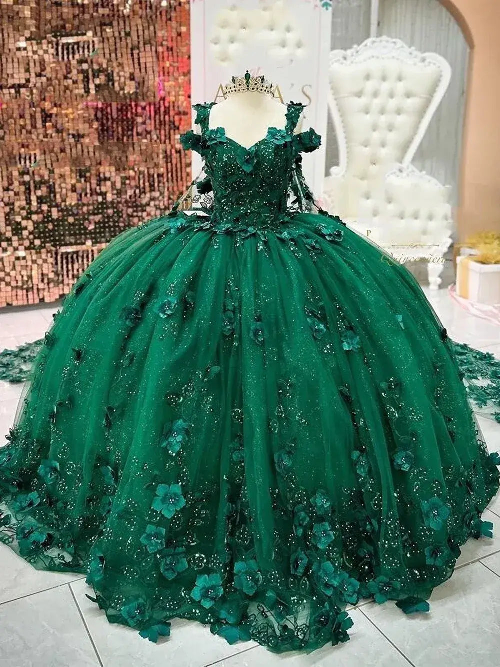 Sweet 15 Emerald Green Quinceañera Dress Off Shoulder 3D Flower Appliques