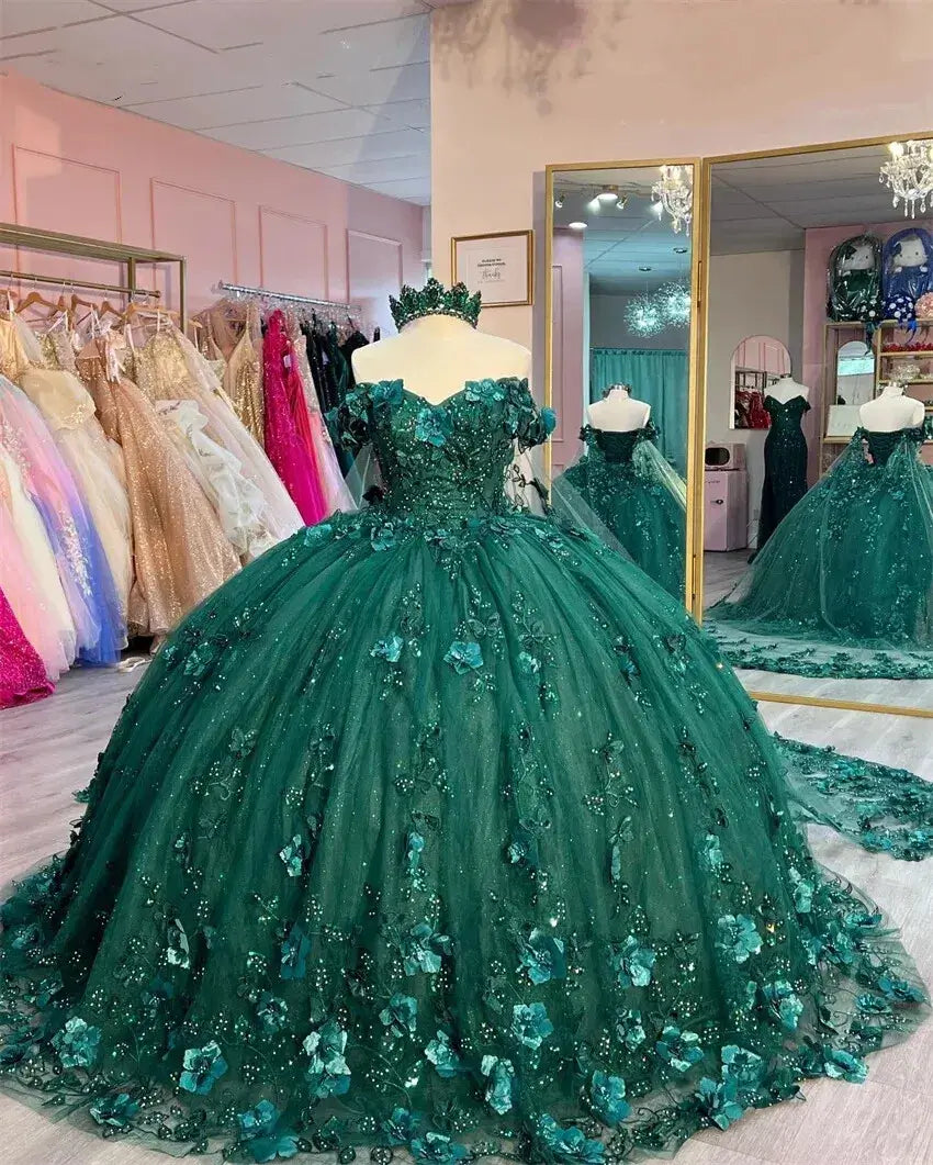 Sweet 15 Emerald Green Quinceañera Dress Off Shoulder 3D Flower Appliques