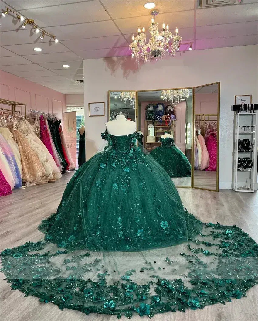 Sweet 15 Emerald Green Quinceañera Dress Off Shoulder 3D Flower Appliques