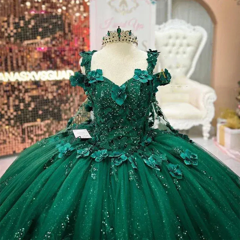 Sweet 15 Emerald Green Quinceañera Dress Off Shoulder 3D Flower Appliques