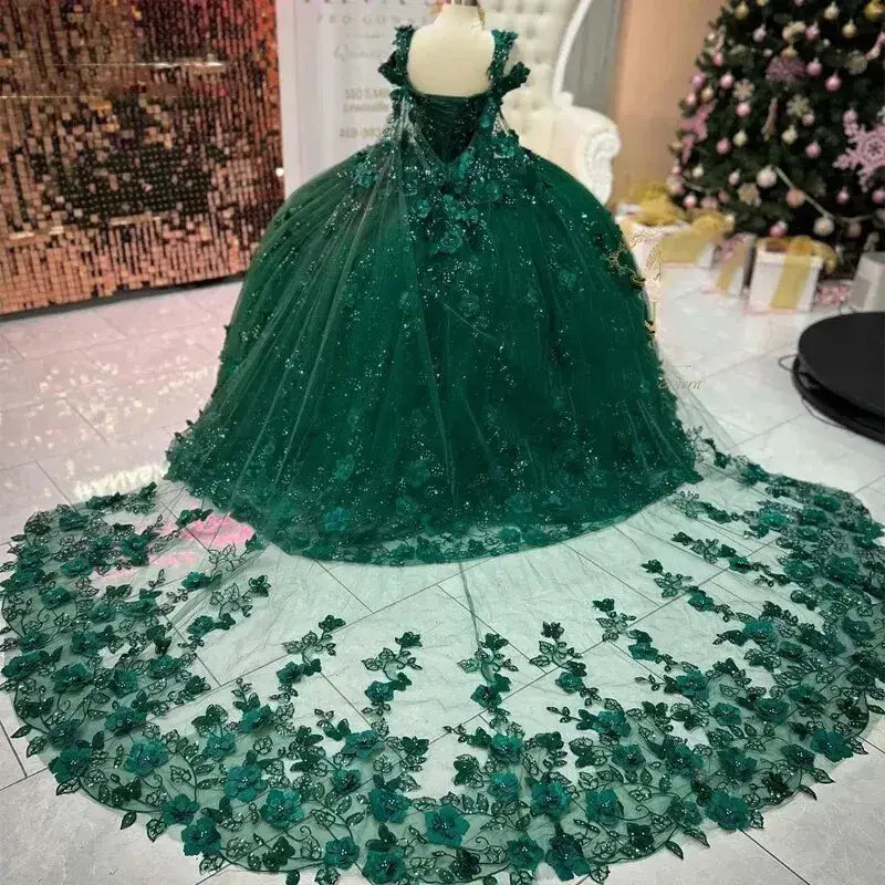 Sweet 15 Emerald Green Quinceañera Dress Off Shoulder 3D Flower Appliques