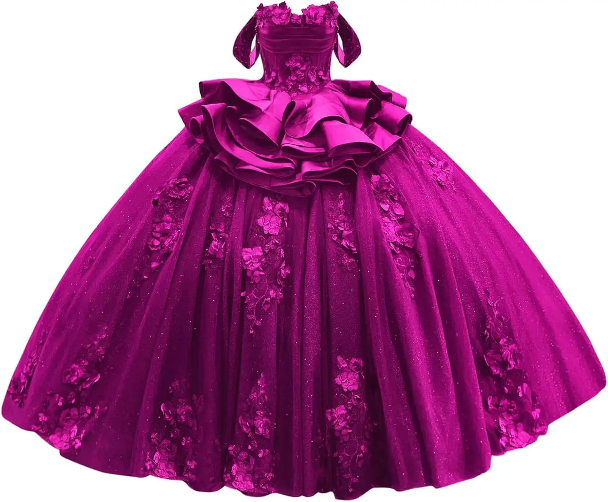 Navy Blue Sweet 15 Dress Tiered Floral Girls's XV Dresses for Quinceanera