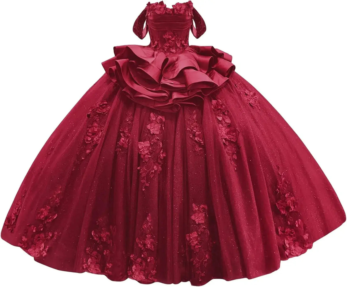 Navy Blue Sweet 15 Dress Tiered Floral Girls's XV Dresses for Quinceanera