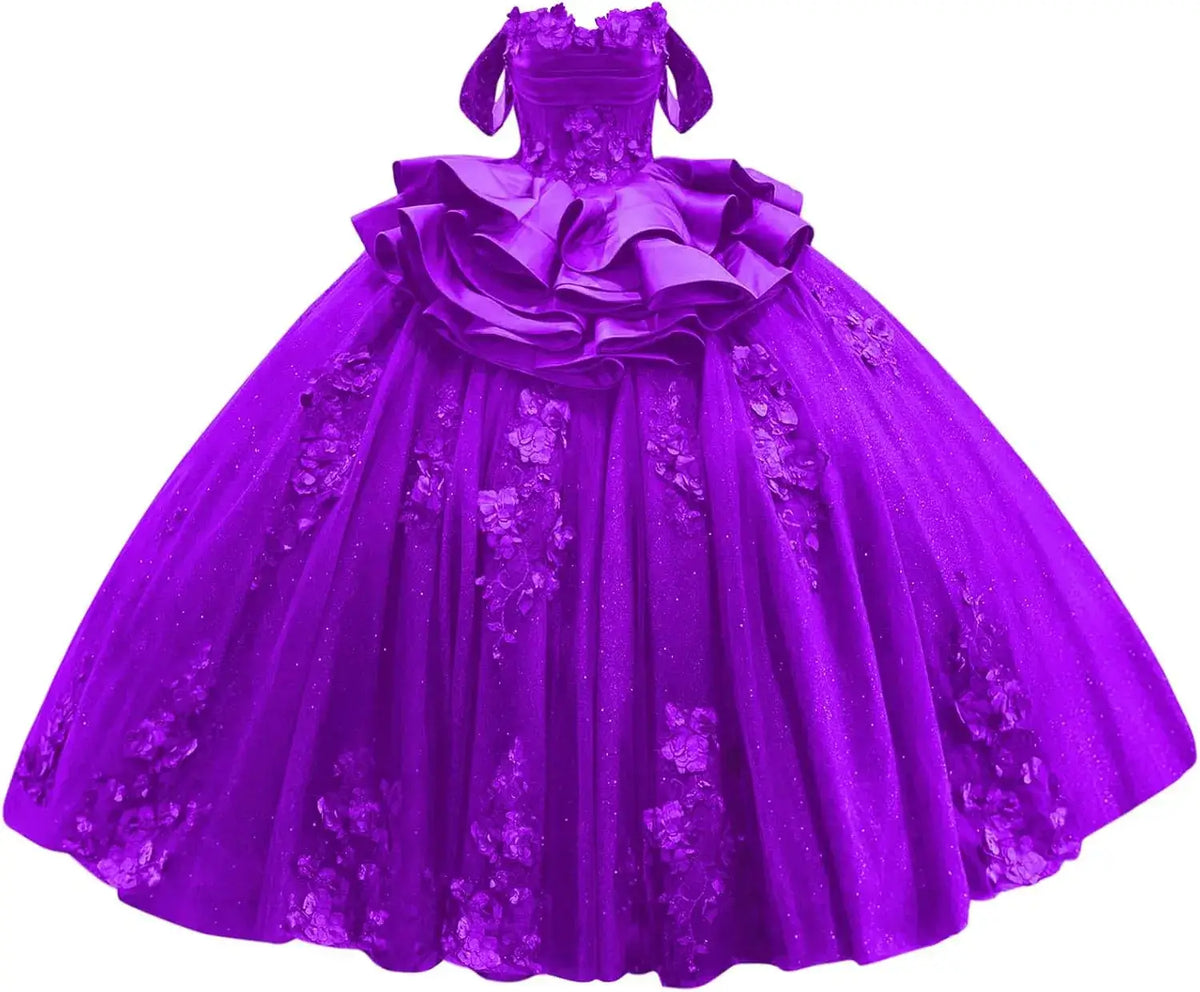 Navy Blue Sweet 15 Dress Tiered Floral Girls's XV Dresses for Quinceanera