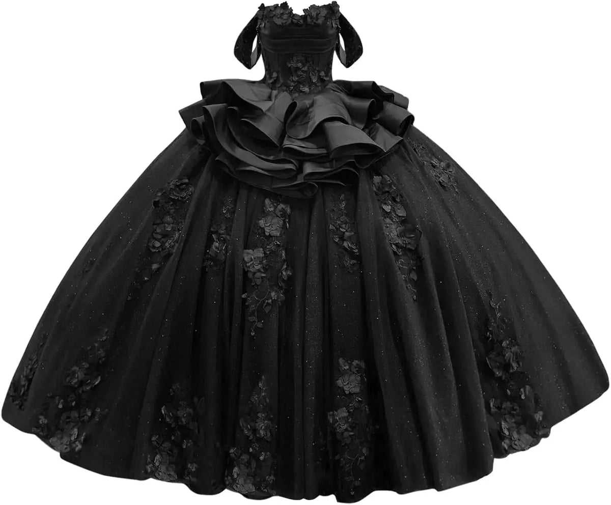 Navy Blue Sweet 15 Dress Tiered Floral Girls's XV Dresses for Quinceanera