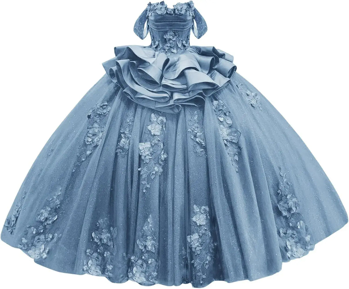 Navy Blue Sweet 15 Dress Tiered Floral Girls's XV Dresses for Quinceanera