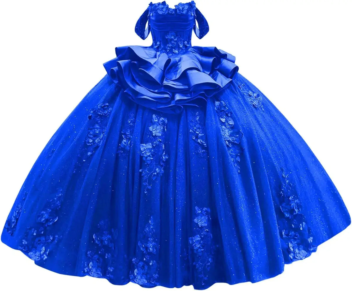 Navy Blue Sweet 15 Dress Tiered Floral Girls's XV Dresses for Quinceanera