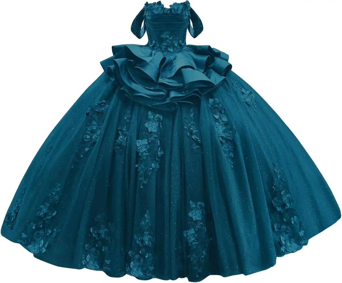 Navy Blue Sweet 15 Dress Tiered Floral Girls's XV Dresses for Quinceanera