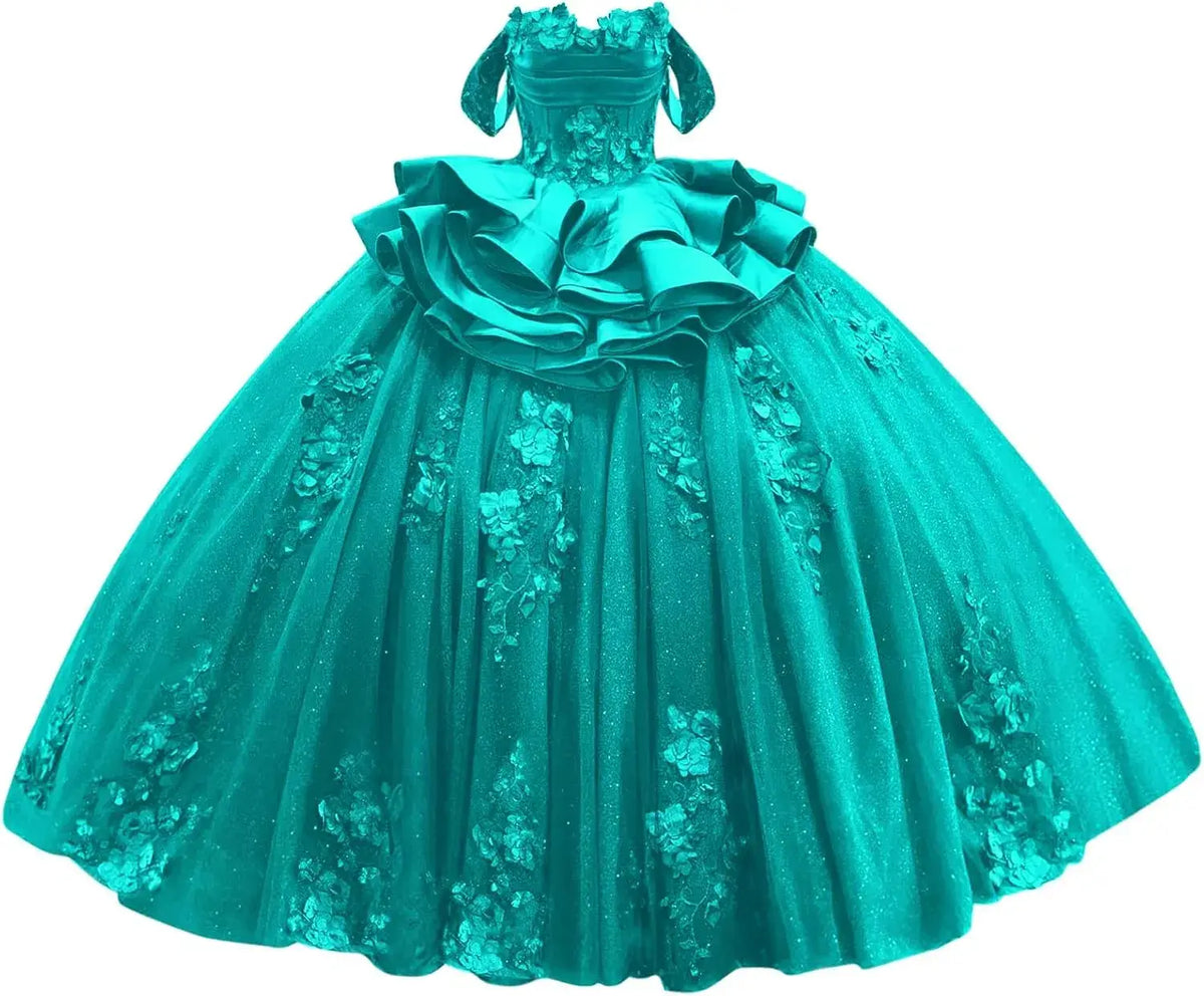 Navy Blue Sweet 15 Dress Tiered Floral Girls's XV Dresses for Quinceanera