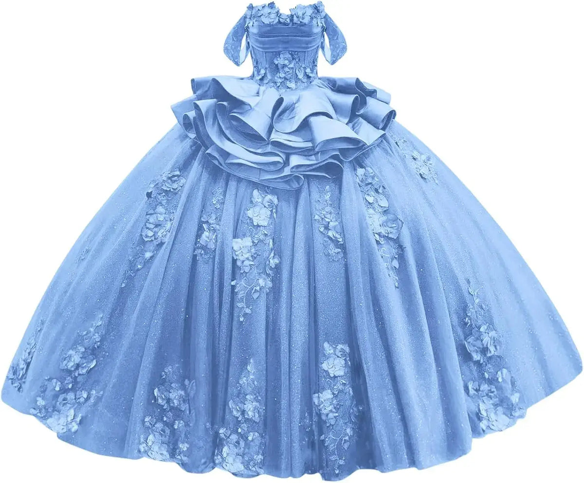 Navy Blue Sweet 15 Dress Tiered Floral Girls's XV Dresses for Quinceanera