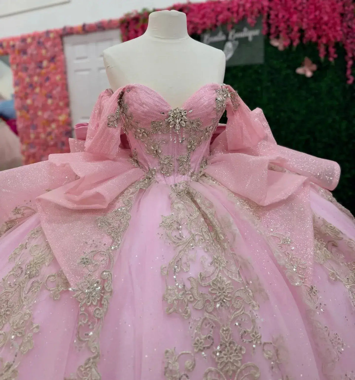 Sweet 15 Quinceanera Pink Dresses Tulle Gold Lace Appliqued Off Shoulder