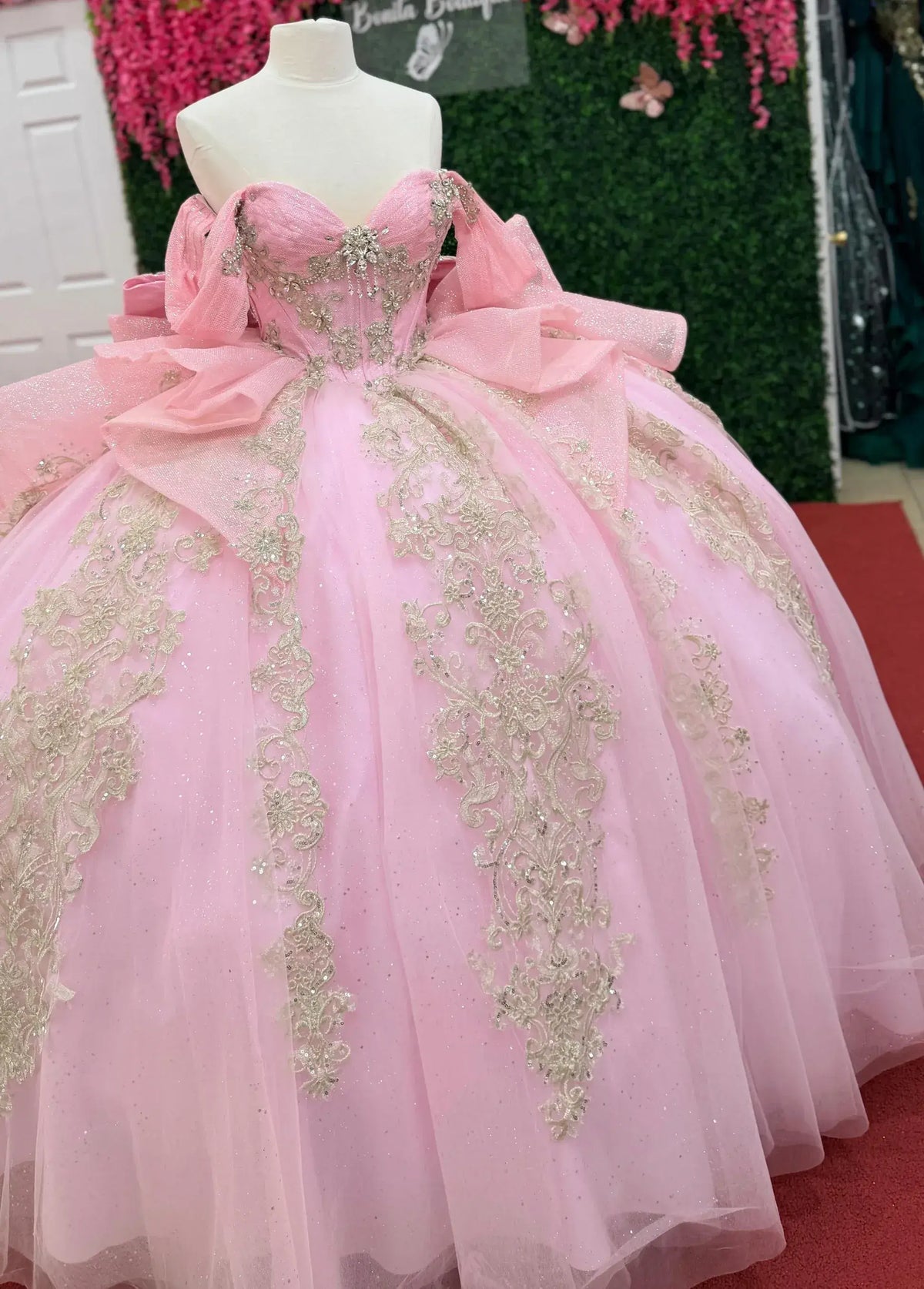 Sweet 15 Quinceanera Pink Dresses Tulle Gold Lace Appliqued Off Shoulder