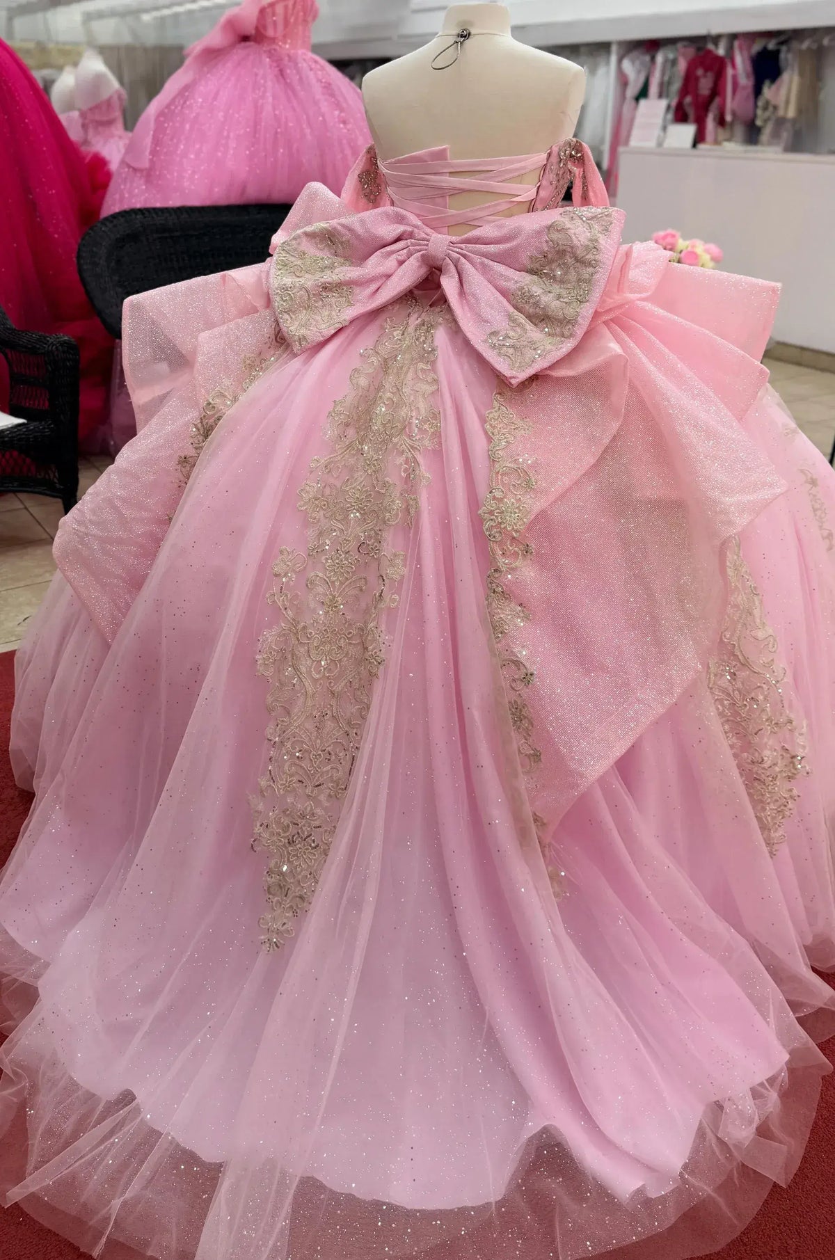 Sweet 15 Quinceanera Pink Dresses Tulle Gold Lace Appliqued Off Shoulder