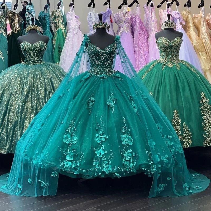Teal ball gown with floral embroidery Sweet 16 Quinceanera Dresses With Cloak 3D Flowers Mychicdress